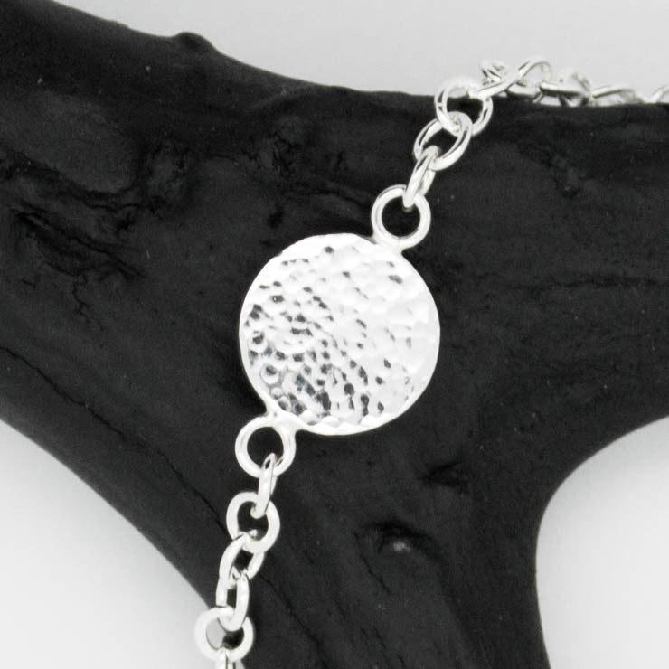 Artemis unique handcrafted jewellery sterling silver hammered moon circle chain bracelet, elegant delicate handmade jewellery