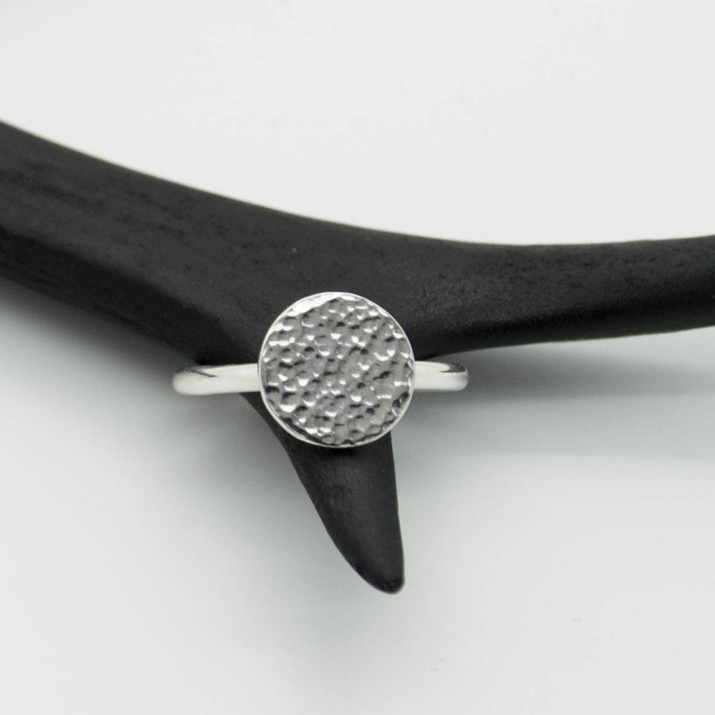 Artemis unique handcrafted jewellery sterling silver hammered moon circle stacking ring, elegant delicate handmade jewellery