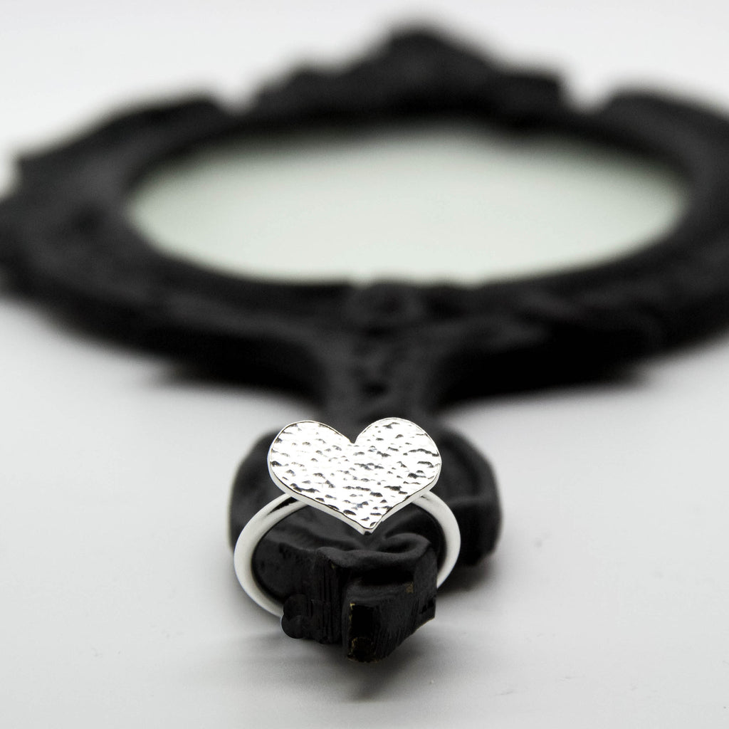 Aphrodite unique handcrafted jewellery sterling silver hammered heart statement ring, elegant handmade jewellery