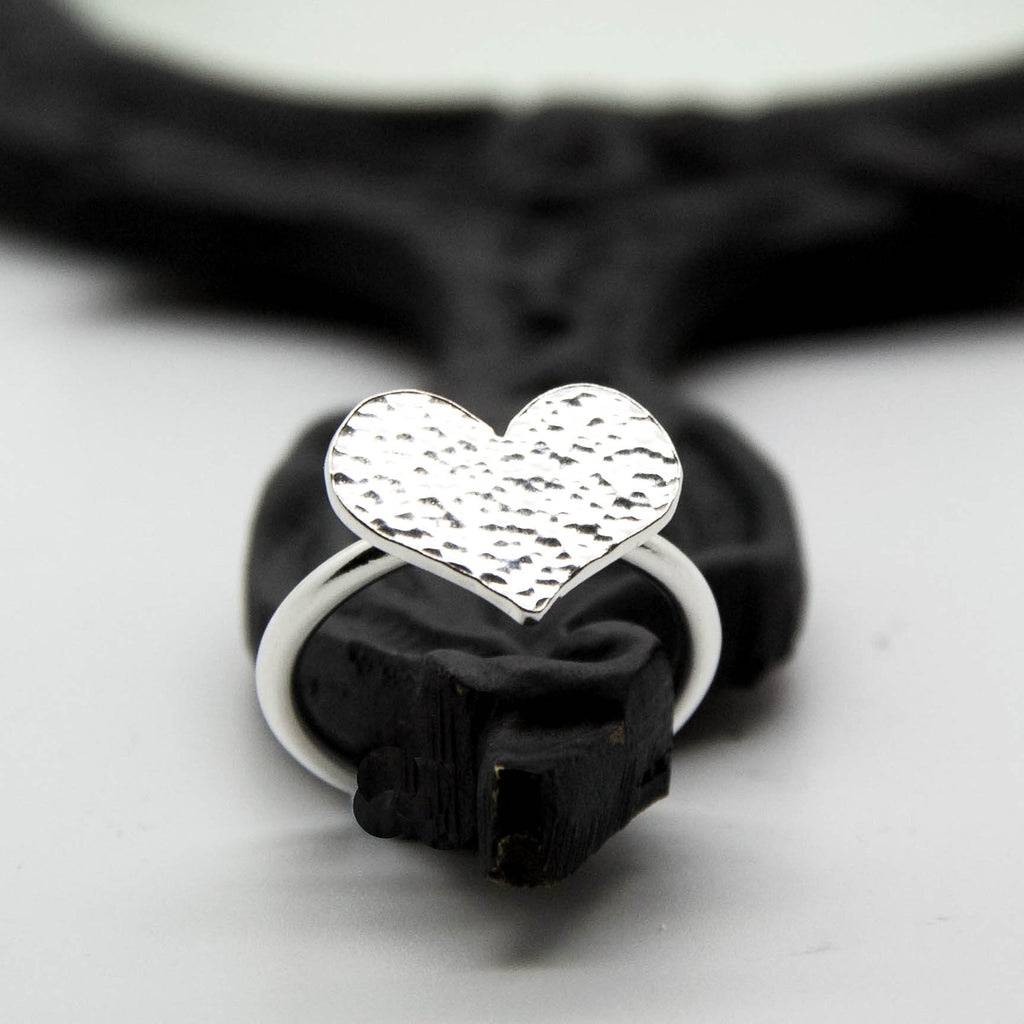 Aphrodite unique handcrafted jewellery sterling silver hammered heart statement ring, elegant handmade jewellery